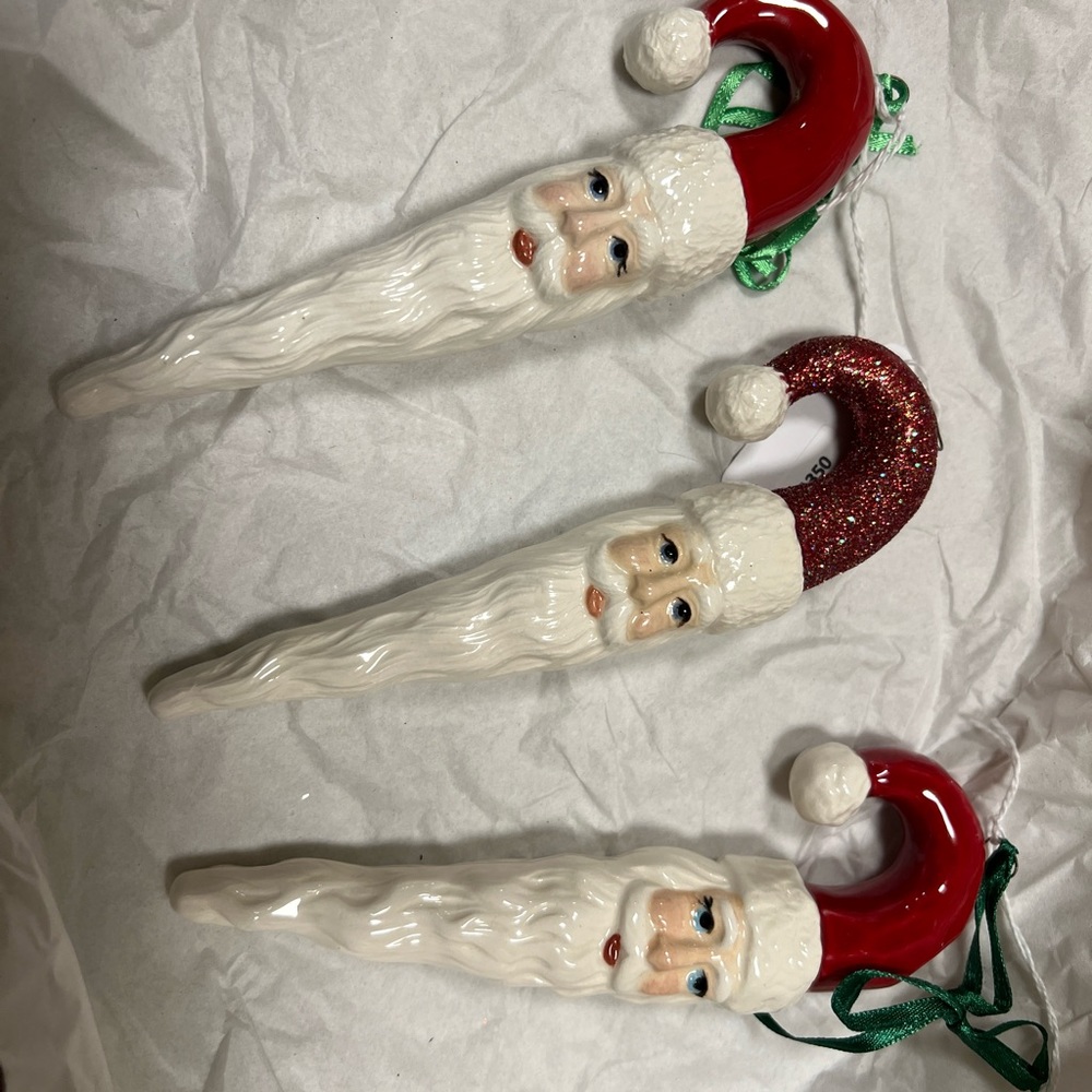 Set of 3 Handmade Ceramic 6” Candy Cane Santa Christmas Ornaments